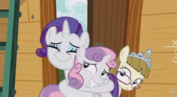 Size: 844x462 | Tagged: safe, screencap, rarity, sweetie belle, zippoorwhill, pony, unicorn, forever filly, hape, hug