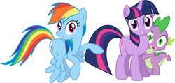 Size: 1297x616 | Tagged: safe, artist:geometrymathalgebra, derpibooru import, rainbow dash, spike, twilight sparkle, unicorn twilight, dragon, pegasus, pony, unicorn, female, flying, looking at you, male, mare, simple background, transparent background, vector, wings down