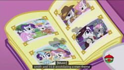 Size: 1366x768 | Tagged: safe, screencap, rarity, sweetie belle, pony, unicorn, forever filly, meme, x-men, youtube caption