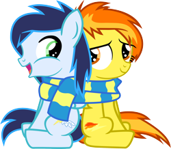 Size: 2436x2120 | Tagged: safe, artist:hank0, artist:veggie55, derpibooru import, soarin', spitfire, pegasus, pony, clothes, colt, female, filly, foal, high res, male, scarf, shared clothing, shared scarf, shipping, simple background, soarinfire, straight, transparent background, vector