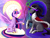 Size: 1700x1300 | Tagged: safe, artist:wolfkice, derpibooru import, king sombra, twilight sparkle, twilight sparkle (alicorn), alicorn, pony, unicorn, abstract background, armor, cape, clothes, crown, eyes closed, female, halo, horseshoes, jewelry, magic, male, mare, regalia, shipping, sitting, sombra eyes, sombra horn, stallion, straight, twibra, watermark