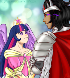 Size: 1000x1100 | Tagged: safe, artist:wolfkice, derpibooru import, king sombra, twilight sparkle, twilight sparkle (alicorn), alicorn, human, abstract background, armor, big crown thingy, cape, clothes, coronation dress, crown, dress, female, humanized, jewelry, male, princess, regalia, shipping, sombra eyes, straight, twibra, wings