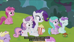 Size: 1366x768 | Tagged: safe, screencap, aura (character), dinky hooves, liza doolots, noi, petunia, piña colada, rarity, ruby pinch, sweetie belle, tootsie flute, pony, unicorn, forever filly, meme, mexico, nun, youtube caption