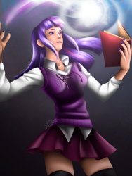 Size: 698x930 | Tagged: safe, artist:kapootoei, twilight sparkle, human, book, clothes, female, humanized, magic, miniskirt, nail polish, pleated skirt, shirt, signature, skirt, socks, solo, sweater vest, thigh highs, zettai ryouiki