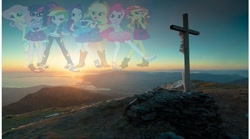 Size: 713x397 | Tagged: safe, applejack, fluttershy, pinkie pie, rainbow dash, rarity, sci-twi, sunset shimmer, twilight sparkle, equestria girls, cross, humane five, humane seven, humane six, mountain, sunrise, the end of equestria girls