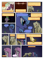 Size: 900x1200 | Tagged: safe, artist:arofatamahn, princess celestia, princess luna, spike, oc, oc:gralo, oc:nahmat, alicorn, dragon, pony, comic:the night the magic died, comic