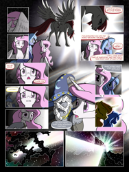 Size: 900x1200 | Tagged: safe, artist:arofatamahn, princess celestia, princess luna, star swirl the bearded, oc, oc:fausticorn, oc:gralo, alicorn, classical unicorn, pony, comic:the night the magic died, cloven hooves, comic, leonine tail, unshorn fetlocks