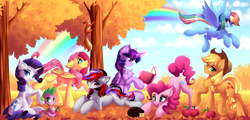 Size: 1280x615 | Tagged: safe, artist:airiniblock, derpibooru import, applejack, fluttershy, pinkie pie, rainbow dash, rarity, spike, twilight sparkle, twilight sparkle (alicorn), oc, alicorn, dragon, earth pony, hedgehog, pegasus, pony, squirrel, unicorn, apple, book, chest fluff, ear fluff, eye clipping through hair, food, leaves, mane seven, mane six, rainbow trail, rcf community, scenery, tree