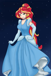 Size: 1284x1926 | Tagged: safe, artist:anonix123, sunset shimmer, human, alternate hairstyle, cinderella, clothes, crossover, disney, dress, female, humanized, smiling, solo, stars