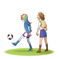 Size: 1100x1100 | Tagged: safe, artist:dcon, derpibooru import, applejack, rainbow dash, equestria girls, equestria girls (movie), duo, female, football, scene interpretation, sports