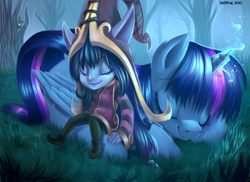 Size: 1100x800 | Tagged: safe, artist:dzmaylon, derpibooru import, twilight sparkle, twilight sparkle (alicorn), alicorn, pony, crossover, cute, eyes closed, female, grass, league of legends, lulu (league of legends), magic, mare, prone, sitting, sleeping, smiling, veigar