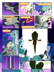 Size: 900x1200 | Tagged: safe, artist:arofatamahn, princess celestia, princess luna, oc, oc:chief carthernax, oc:gralo, oc:nahmat, alicorn, pony, comic:the night the magic died, comic