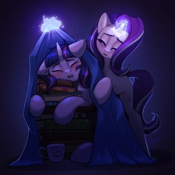 Size: 1600x1600 | Tagged: safe, artist:amishy, starlight glimmer, twilight sparkle, pony, unicorn, blanket, book, bookstack, cute, drool, eyes closed, female, floppy ears, glowing horn, horn, lidded eyes, mare, mug, sleeping, tucking in