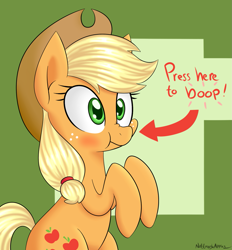 Size: 1413x1521 | Tagged: safe, artist:notenoughapples, applejack, earth pony, pony, :t, arrow, blushing, boop, cute, female, imminent boop, jackabetes, mare, nose wrinkle, puffy cheeks, scrunchy face, silly, silly pony, simple background, solo, wide eyes