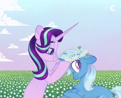 Size: 2048x1661 | Tagged: safe, artist:n in a, starlight glimmer, trixie, pony, unicorn, eyebrows, female, floral head wreath, flower, lesbian, shipping, smiling, startrix