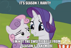 Size: 1141x768 | Tagged: safe, edit, edited screencap, screencap, rarity, sweetie belle, pony, unicorn, forever filly, food, lip bite, meme, popcorn