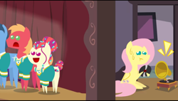 Size: 1280x729 | Tagged: safe, artist:mrponiator, big macintosh, fluttershy, toe-tapper, torch song, earth pony, pegasus, pony, filli vanilli, male, pointy ponies, stallion, the ponytones, what i learned today