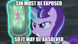 Size: 720x412 | Tagged: safe, starlight glimmer, pony, unicorn, the cutie map, caption, far cry 5, image macro, john seed, meme, text