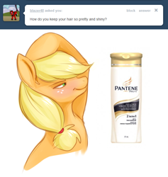 Size: 656x693 | Tagged: source needed, safe, applejack, earth pony, pony, ask, shampoo, solo, tumblr