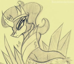 Size: 1694x1454 | Tagged: safe, artist:rossmaniteanzu, derpibooru import, king sombra, pony, unicorn, the beginning of the end, crystal, male, monochrome, pencil drawing, simple background, sketch, solo, sombra horn, stallion, traditional art, yellow background