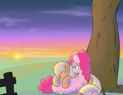 Size: 1200x927 | Tagged: safe, artist:scherzo, applejack, pinkie pie, earth pony, pony, applepie, female, lesbian, shipping, sleeping, sunset