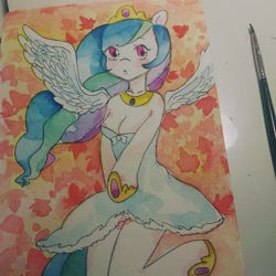 Size: 960x960 | Tagged: safe, artist:陳芫茹‎, princess celestia, anthro, unguligrade anthro, breasts, female, solo, spread wings, traditional art