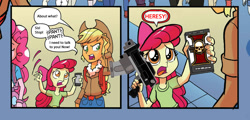 Size: 1038x499 | Tagged: safe, apple bloom, applejack, pinkie pie, equestria girls, spoiler:comic, spoiler:comicholiday2014, apple bloom's phone, bolt pistol, exploitable meme, heresy, inquisition, meme, warhammer (game), warhammer 40k