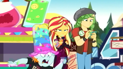 Size: 1280x720 | Tagged: safe, screencap, sandalwood, snips, sunset shimmer, better together, equestria girls, sunset's backstage pass!, clothes, crossed arms, discovery family logo, hat, jacket, male, music festival outfit, pants