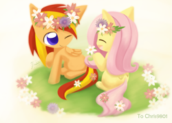 Size: 1209x866 | Tagged: safe, artist:howxu, fluttershy, oc, oc:tech talk, pegasus, pony, flower