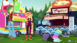 Size: 1280x720 | Tagged: safe, screencap, sandalwood, snips, sunset shimmer, better together, equestria girls, sunset's backstage pass!, boots, clothes, crossed arms, discovery family logo, falling, female, music festival outfit, pants, shoes