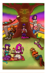 Size: 2090x3255 | Tagged: safe, artist:theomegas2, applejack, fluttershy, pinkie pie, rainbow dash, rarity, spike, starlight glimmer, sunset shimmer, twilight sparkle, human, book, fence, hammock, humanized, kite, mane seven, mane six, relaxing, tree