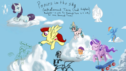 Size: 1920x1080 | Tagged: artist needed, safe, artist:artemisplum, artist:flare-horizon, artist:huffylime, artist:laptopdj, derpibooru import, cozy glow, diamond tiara, rainbow dash, rarity, scootaloo, oc, pegasus, pony, unicorn, cloud, drawpile disasters, scooter