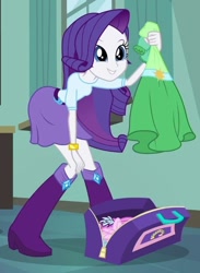 Size: 430x586 | Tagged: safe, screencap, rarity, equestria girls, equestria girls (movie), bag, bent over, boots, bracelet, clothes, cropped, dress, hand on knee, high heel boots, jewelry, skirt, solo