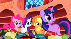 Size: 1099x597 | Tagged: safe, screencap, applejack, pinkie pie, rarity, twilight sparkle, unicorn twilight, earth pony, pony, unicorn, sonic rainboom (episode), book