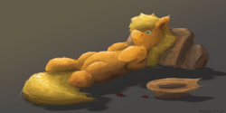 Size: 2300x1148 | Tagged: safe, artist:fuzzyfox11, applejack, earth pony, pony, bellyrubs, fluffy, looking at you, on back, smiling, solo