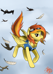 Size: 1000x1400 | Tagged: safe, artist:spittfireart, derpibooru import, spitfire, bird, pegasus, pony, clothes, flying, goggles, solo, vest, wonderbolts