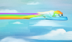 Size: 1024x598 | Tagged: safe, artist:fortes-feather, derpibooru import, rainbow dash, pegasus, pony, cloud, flying, goggles, rainbow, sky, solo