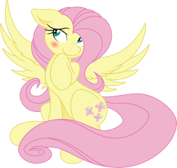 Size: 7556x7168 | Tagged: safe, artist:joey darkmeat, artist:portalart, fluttershy, pegasus, pony, absurd resolution, blushing, cute, female, mare, raised hoof, shyabetes, simple background, sitting, smiling, solo, spread wings, transparent background, vector