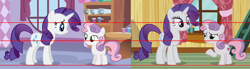 Size: 1999x550 | Tagged: safe, screencap, rarity, sweetie belle, pony, unicorn, forever filly, season 2, season 7, comparison, continuity, cutie mark, female, filly, size difference, the cmc's cutie marks, they grow up so fast