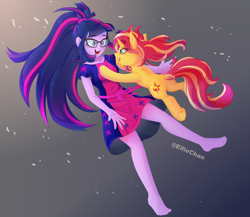 Size: 4600x4000 | Tagged: safe, artist:katakiuchi4u, sci-twi, sunset shimmer, twilight sparkle, pony, unicorn, better together, equestria girls, spring breakdown, absurd resolution, barefoot, clothes, cute, cutie mark, dress, feet, female, freckles, frog (hoof), glasses, happy, legs, looking at each other, mare, open mouth, shimmerbetes, smiling, square crossover, tackle, tackle hug, twiabetes, underhoof