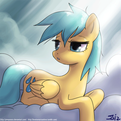 Size: 900x900 | Tagged: safe, artist:johnjoseco, sunshower raindrops, pegasus, pony, cloud, cloudy, female, mare, morning ponies, solo