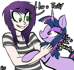 Size: 849x804 | Tagged: safe, artist:blup-chan, derpibooru import, twilight sparkle, human, dialogue, hug, love, simple background, smiling, transparent background