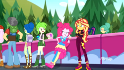 Size: 1280x720 | Tagged: safe, screencap, dj pon-3, fluttershy, garden grove, raspberry lilac, sandalwood, sci-twi, sunset shimmer, twilight sparkle, vinyl scratch, equestria girls, equestria girls series, sunset's backstage pass!, spoiler:eqg series (season 2), background human, backpack, boots, clothes, crossed arms, discovery family logo, geode of telekinesis, hair bun, magical geodes, pants, pantyhose, plaid skirt, rear view, sandals, shoes, skirt, sneakers