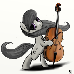 Size: 1000x1000 | Tagged: safe, artist:poussieredelune, octavia melody, earth pony, pony, bipedal, cello, female, looking at you, mare, missing accessory, musical instrument, smiling, solo, standing, windswept mane