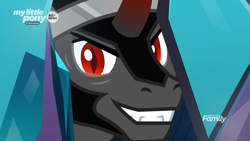 Size: 1920x1080 | Tagged: safe, derpibooru import, screencap, king sombra, pony, unicorn, the beginning of the end, discovery family logo, evil grin, grin, here's johnny, looking at you, smiling