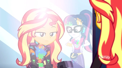 Size: 1280x720 | Tagged: safe, screencap, sci-twi, sunset shimmer, twilight sparkle, better together, equestria girls, sunset's backstage pass!, clothes, discovery family logo, female, geode of empathy, glasses, jacket, magical geodes, messy, mirror, paint, ponytail