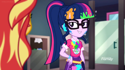 Size: 1280x720 | Tagged: safe, screencap, sci-twi, sunset shimmer, twilight sparkle, better together, equestria girls, sunset's backstage pass!, bathroom, clothes, discovery family logo, glasses, messy, messy hair, messy mane, painting, ponytail, skirt, smiling