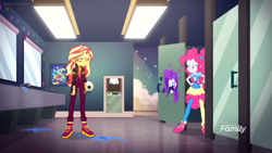 Size: 1366x768 | Tagged: safe, screencap, pinkie pie, sunset shimmer, better together, equestria girls, sunset's backstage pass!, bathroom stall, discovery family logo, facial hair, geode of empathy, geode of sugar bombs, graffiti, magical geodes, mirror, moustache, paint, pirate rarity, shoes, sink, sneakers, unamused, washroom