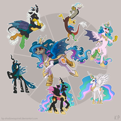 Size: 2000x2000 | Tagged: safe, artist:kp-shadowsquirrel, discord, princess celestia, queen chrysalis, alicorn, changeling, changeling queen, changepony, draconequus, pony, fusion, fusion diagram, hexafusion, hybrid wings, open mouth, raised hoof, simple background, xk-class end-of-the-world scenario