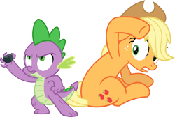 Size: 3564x2388 | Tagged: safe, artist:porygon2z, applejack, spike, dragon, earth pony, pony, spike at your service, applespike, covering, female, male, rock, shipping, simple background, straight, transparent background, vector, wide eyes